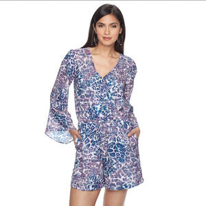 Jennifer Lopez Women Bell Sleeve Romper V-neck Long Lined XL Fuchsia Leopord